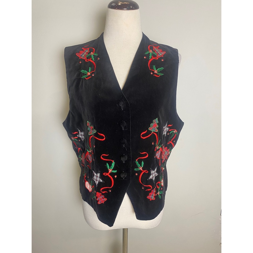 Karen Scott Vintage 90s Christmas Velvet Vest Black Embroidered Plaid Medium